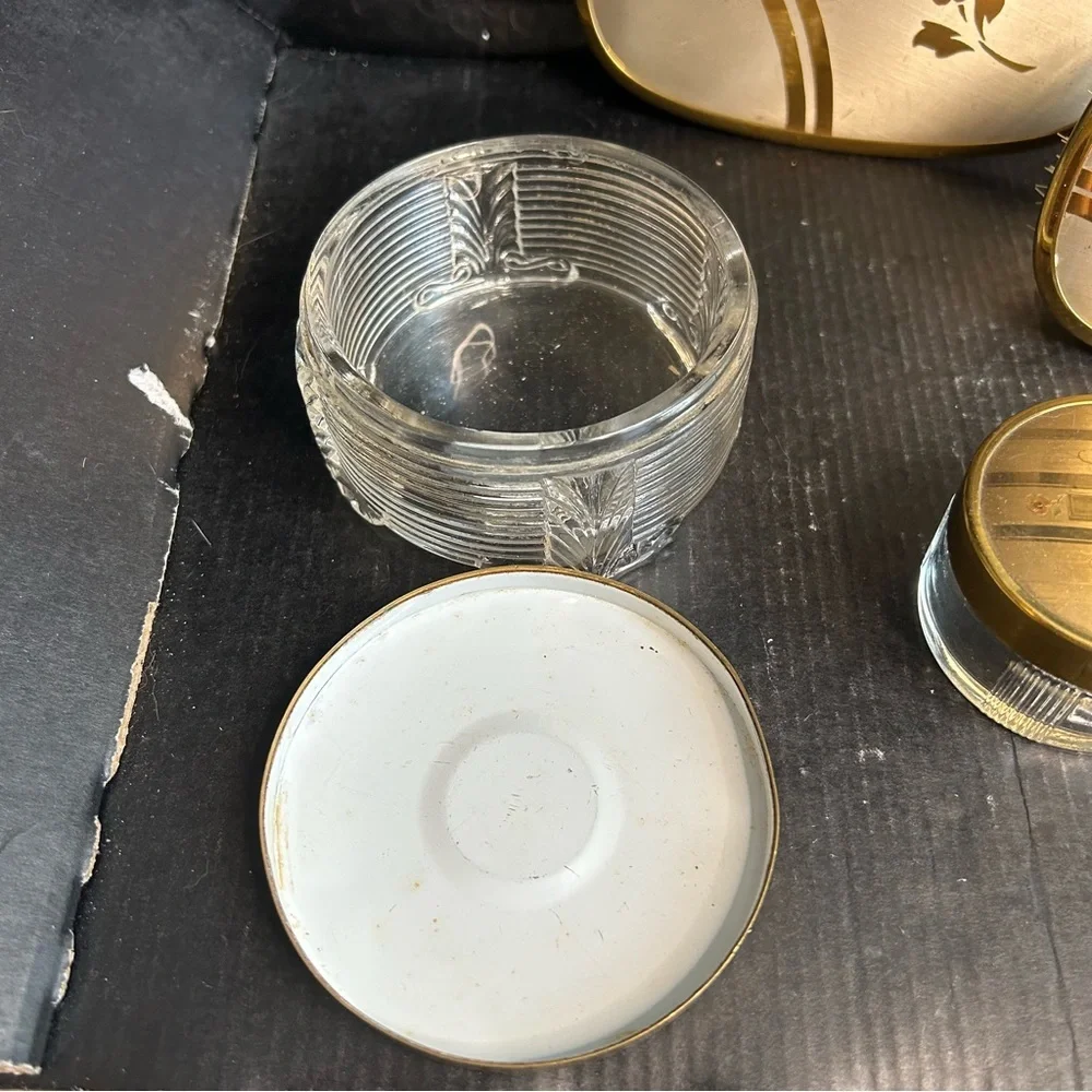 Vintage Vanity 5pc Dressing Table Set Mirror Brush Comb 2 Jars: Gold, Floral